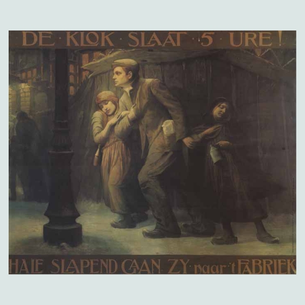 De klok staat 5 ure! Half slapend gaan zij naar 't fabriek